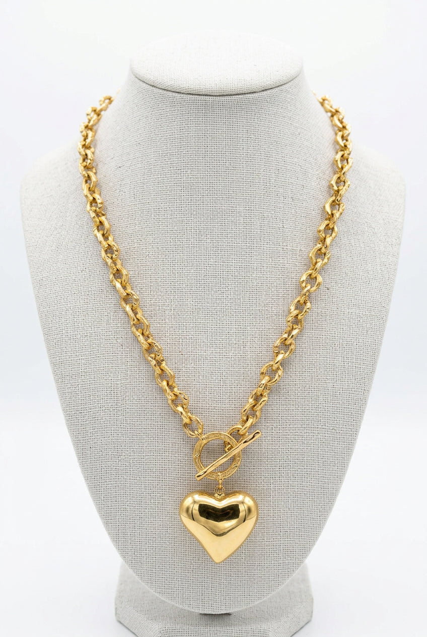 Chunky Gold Chain Link Necklace with Puffy Heart Pendant & Front Toggle Clasp