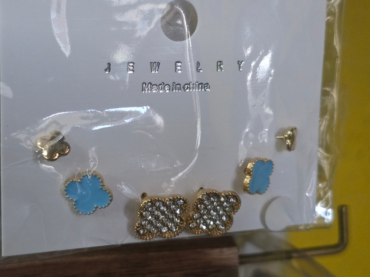 3-Pair Clover Stud Earring Set – Sparkling Rhinestone & Enamel Mix