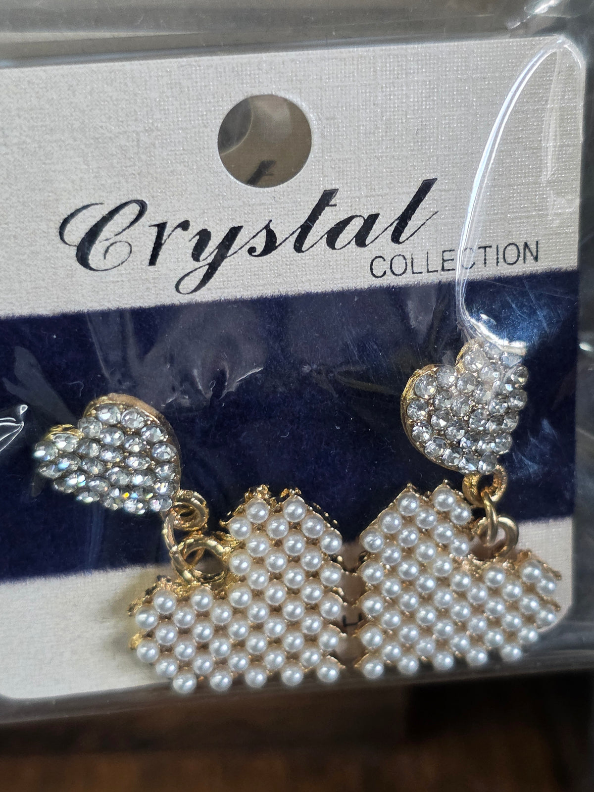 Rhinestone and Pearl Double Heart Drop Earrings