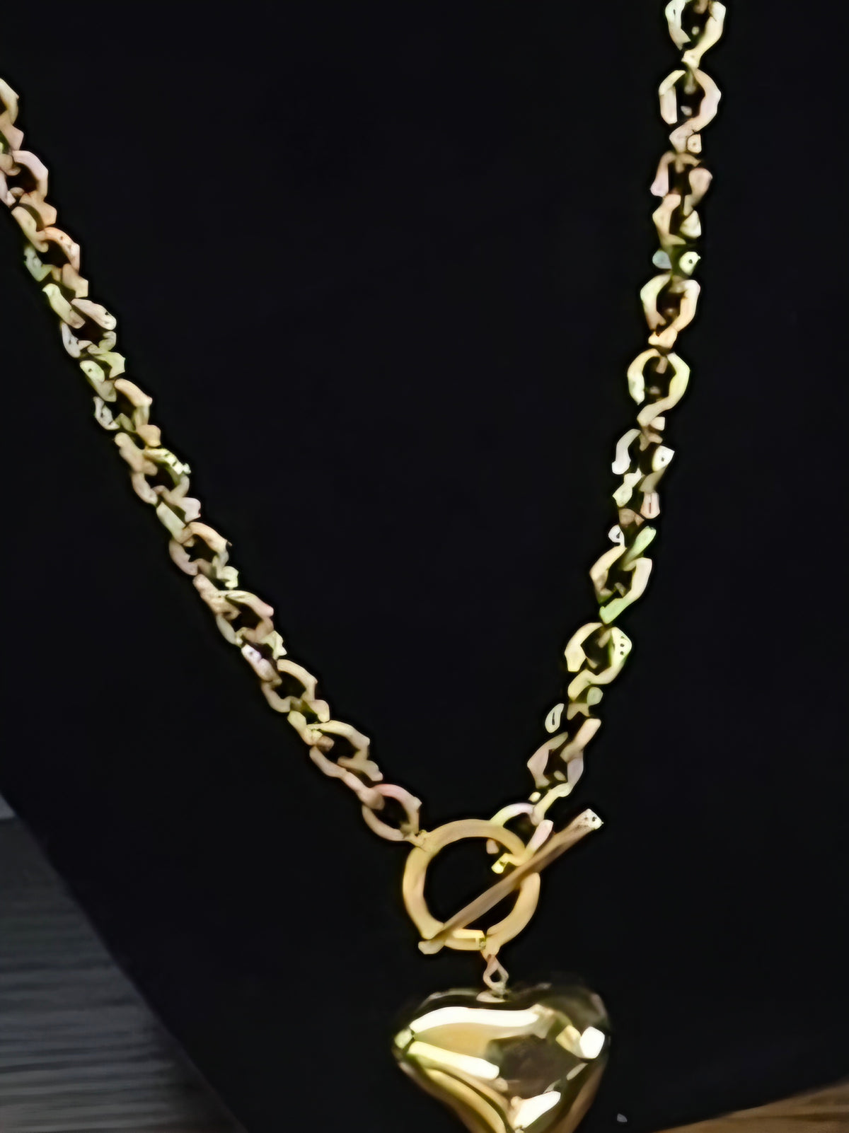 Chunky Gold Chain Link Necklace with Puffy Heart Pendant & Front Toggle Clasp