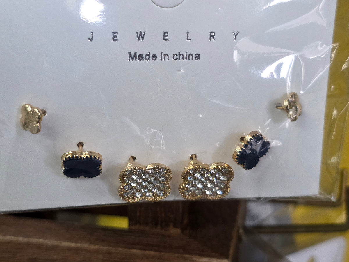 3-Pair Clover Stud Earring Set – Sparkling Rhinestone & Enamel Mix