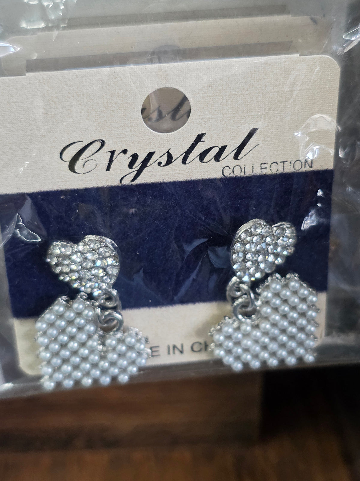 Rhinestone and Pearl Double Heart Drop Earrings