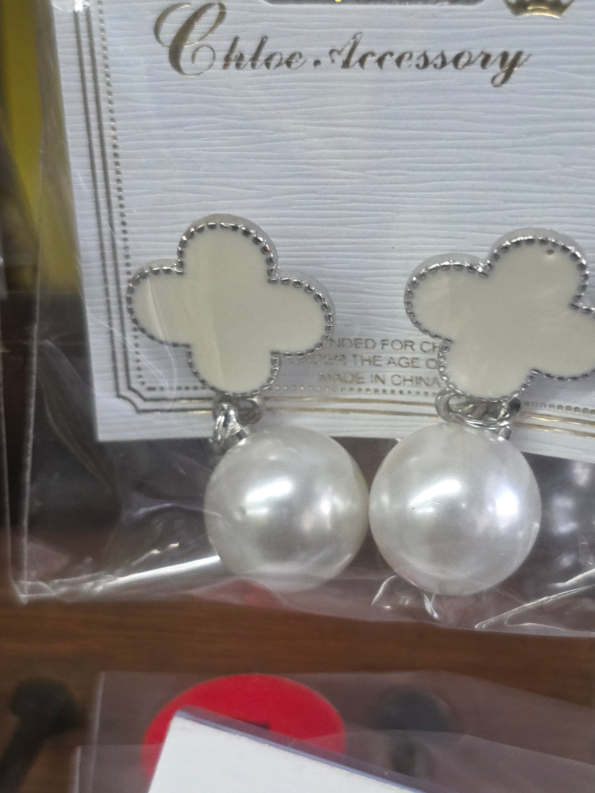Enamel Clover and Faux Pearl Drop Earrings