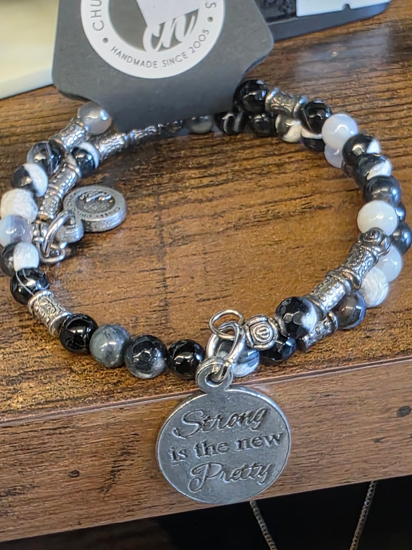 Natural Agate Stone Wrap Bangle | Hand-Cast Pewter Charm Bracelet
